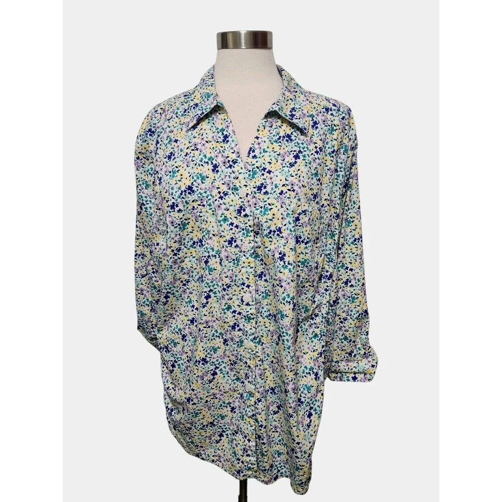 Croft Barrow Womens Top Blouse 3X Purple Floral Button Front 3/4 Sleeve
